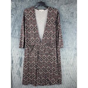 LuLaRoe Sarah Cardigan M Burgundy Black Geometric Diamond Duster Open Front Knit